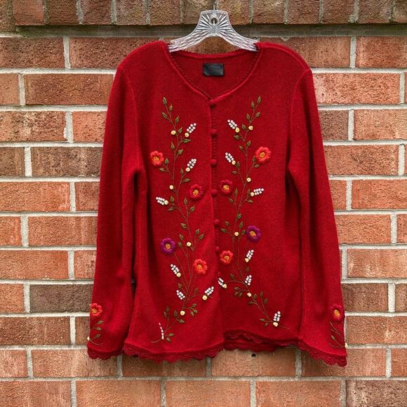 Perez Cardigan Sweater Baby Alpaca Sz Large Red Floral Embroidered - Picture 1 of 10